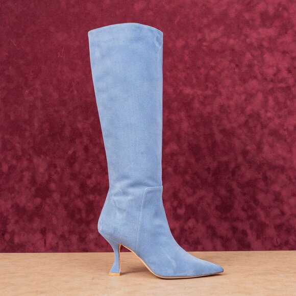 Stuart Weitzman Women Xcurve 85 Blue Suede Pointy Slouch Fashion Boots sz 8.5 - Picture 3 of 10